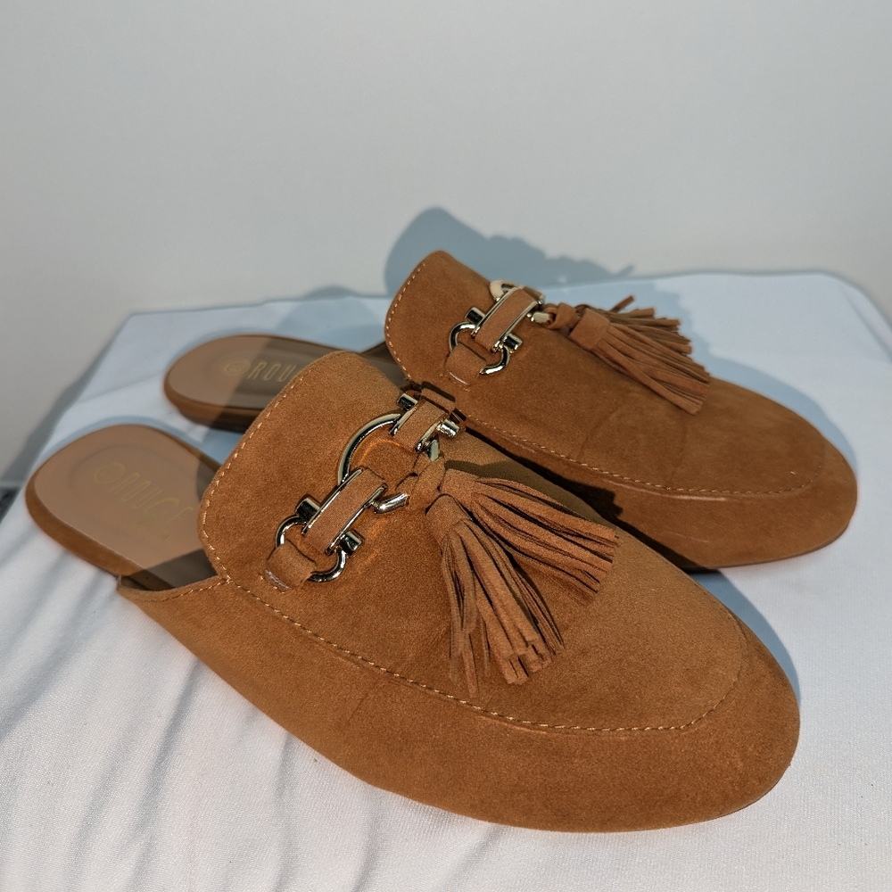 Faux Suede Chestnut Tassle Mule Slide-on Flats